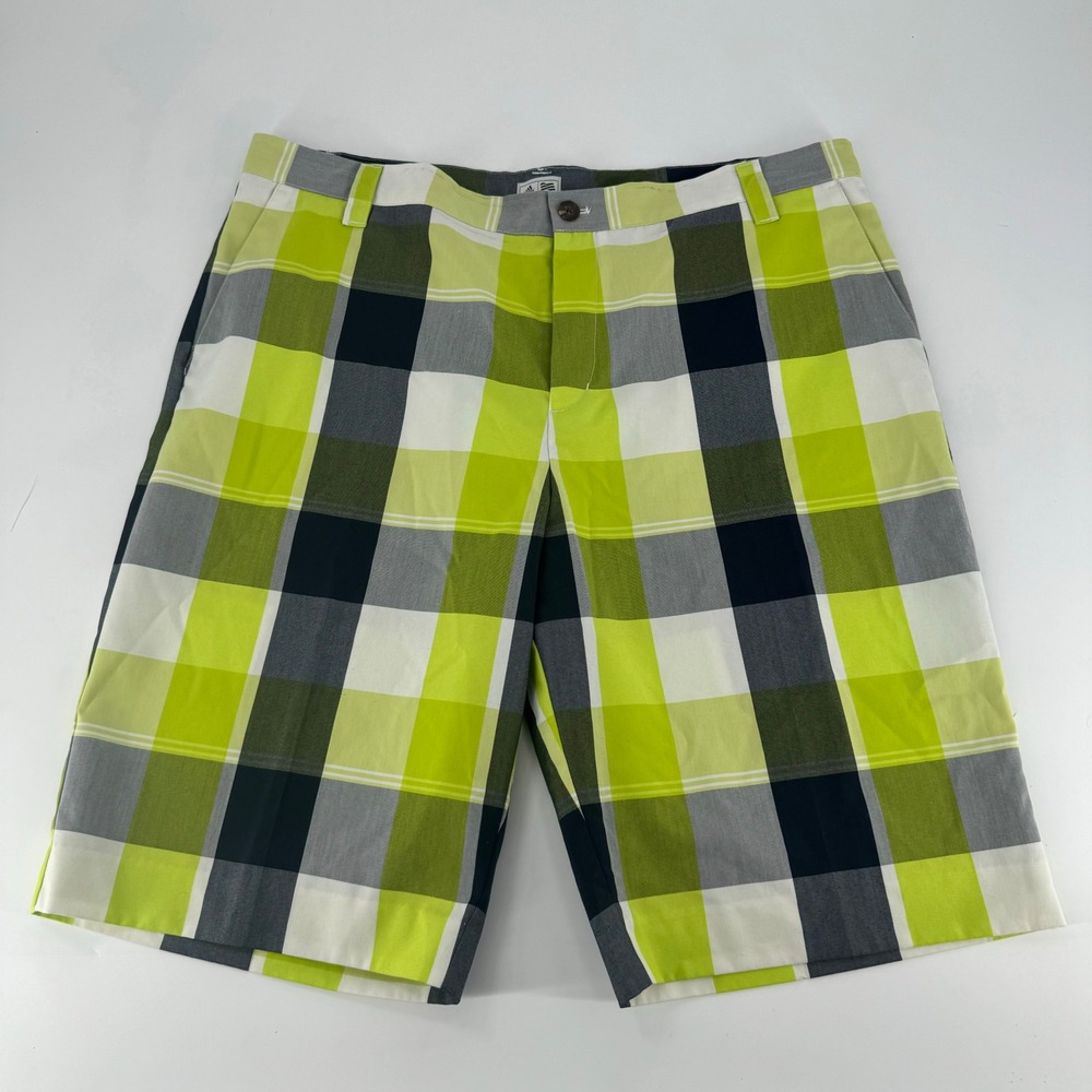 Adidas Golf Mens Plaid Shorts‎ Lime Green Grey White Size 38 RN 88387 CA 40312